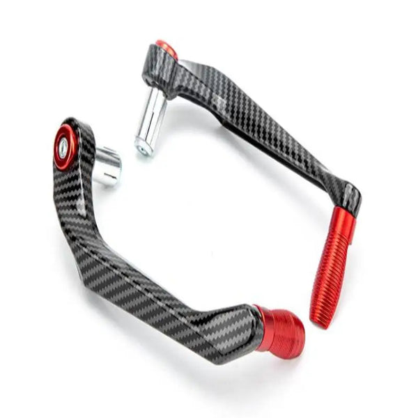 A close-up view of a black carbon fiber motorcycle hand guard and lever protector with silver accents.
