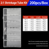A box of 2:1 shrinkage tubing kit containing various diameters of clear heat shrink tubing for electrical insulation.