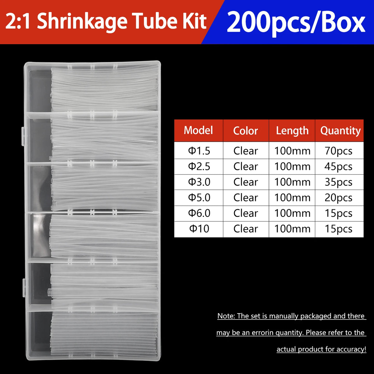 A box of 2:1 shrinkage tubing kit containing various diameters of clear heat shrink tubing for electrical insulation.