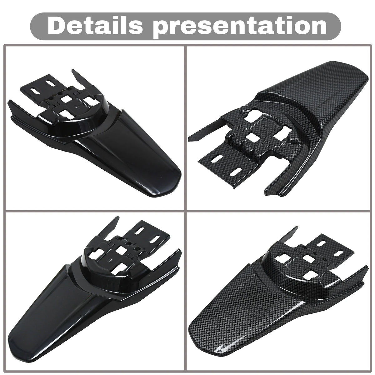 Details presentation of aftermarket rear fender for Sur-Ron electric bikes in black and carbon fiber finishes.