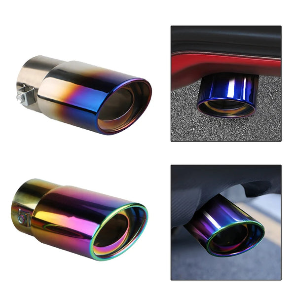 Close-up views of a stainless steel car exhaust muffler tip pipe showing various metallic finishes and angles.