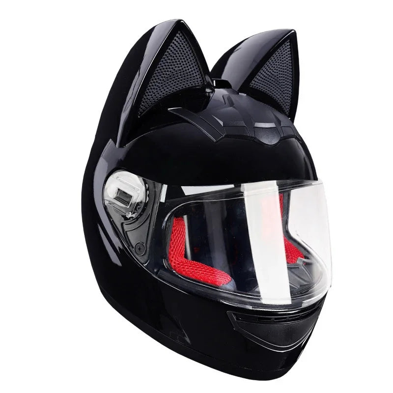 Black cat-ear full face motorcycle helmet with a clear visor