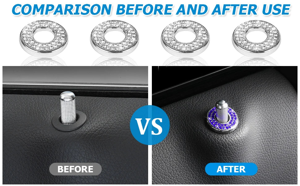 Comparison showing a car door lock before and after using sparkly rhinestone decorations.