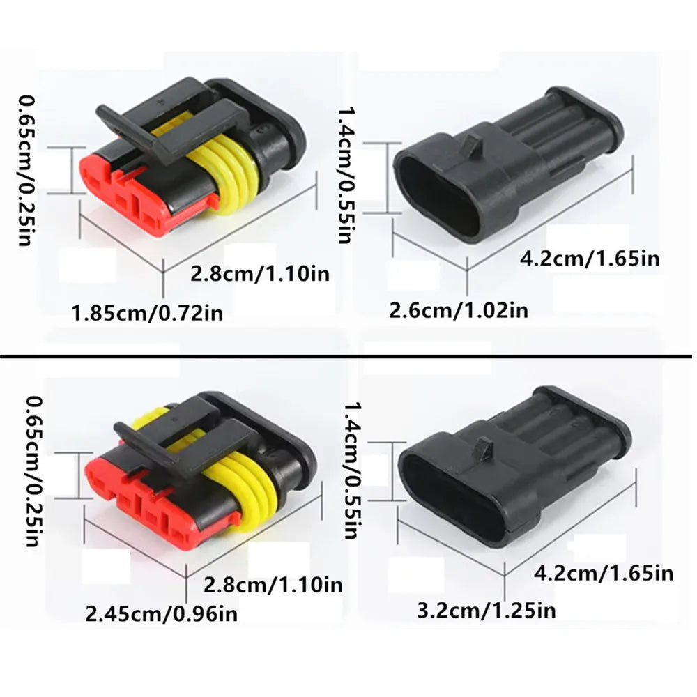 A set of waterproof electrical connectors with pre-wired leads shown in red and black plastic casings.
