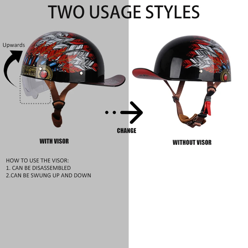 Two usage styles of a black motorcycle helmet with a visor, showing how to use the visor and without it.