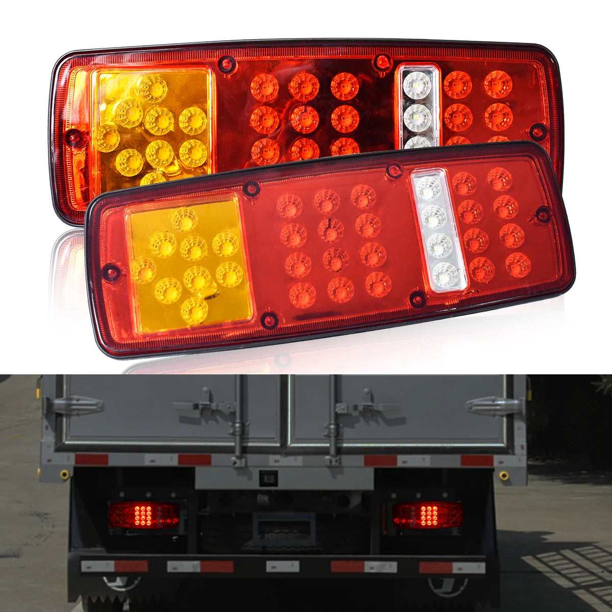 Dual high-brightness truck tail lights showing various colored lenses and reflectors.