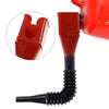 A red universal car fuel transfer funnel with a black flexible tube and a plastic pouring lip shown in detail.