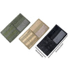 Tactical visor organizer with MOLLE pouch for cars and trucks shown in olive green, tan, and black fabric.