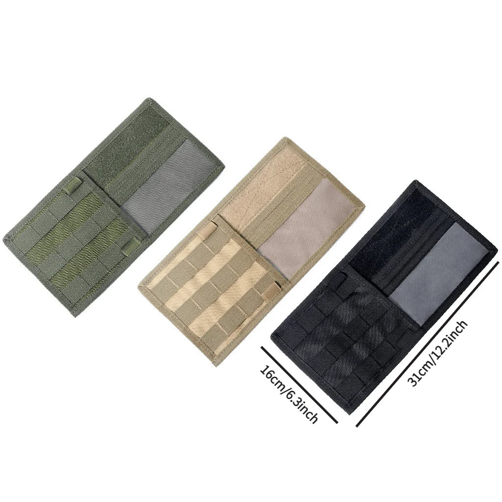 Tactical visor organizer with MOLLE pouch for cars and trucks shown in olive green, tan, and black fabric.