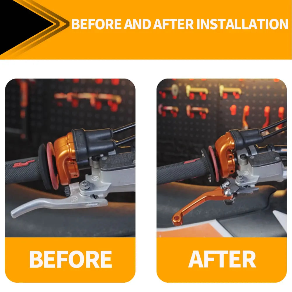 Antes y después de la instalación de embrague y palancas de freno CNC para motocicletas KTM