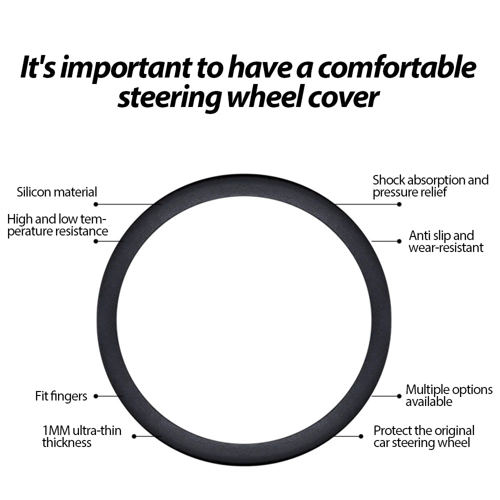 A black silicone steering wheel cover designed for shock absorption, temperature resistance, and protection of the original c