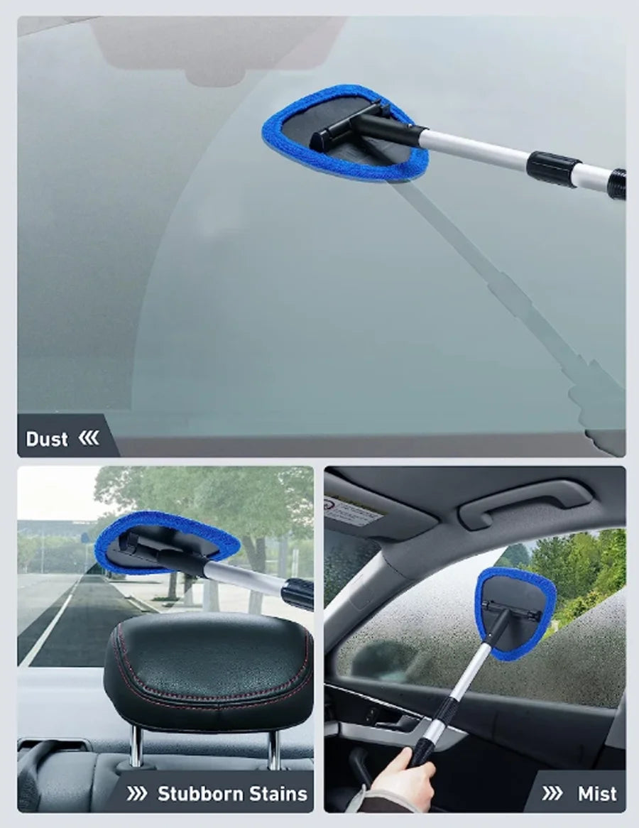 Extendable car window cleaning brush set with a blue foam head shown for dust and stubborn stains.