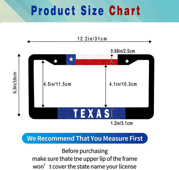 Product size chart showing dimensions of a decorative license plate frame with the state name Texas