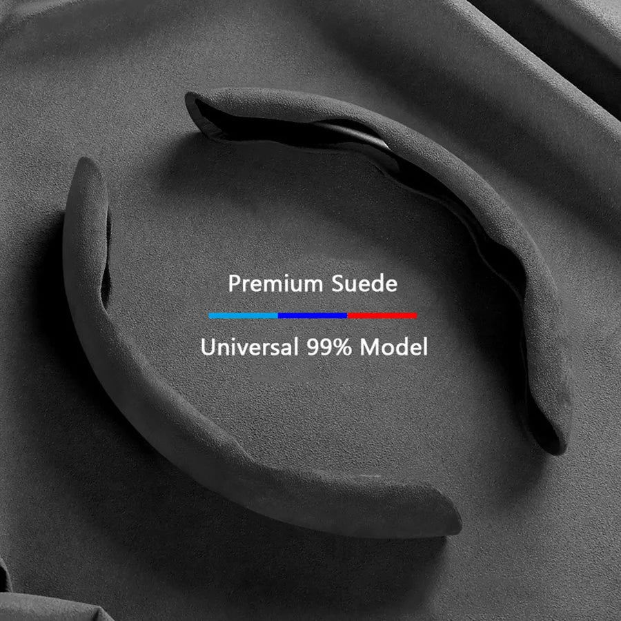 Black premium suede universal 99% model steering wheel cover shown in a close-up view