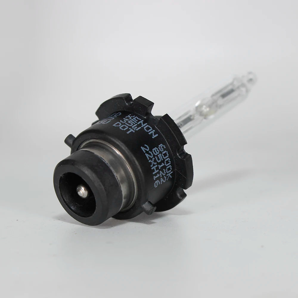 A black xenon HID bulb set with a clear glass tube and various technical markings.