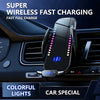 A black wireless car charger with purple LED lights is shown resting on a car dashboard.