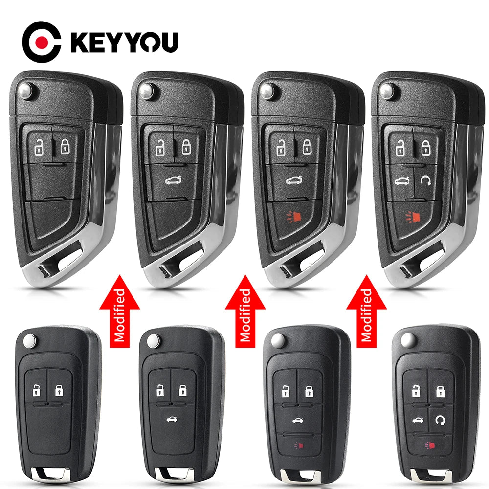 Various replacement flip key shell cases for Chevrolet, Buick, Vauxhall, and Opel models shown in black and silver finishes.