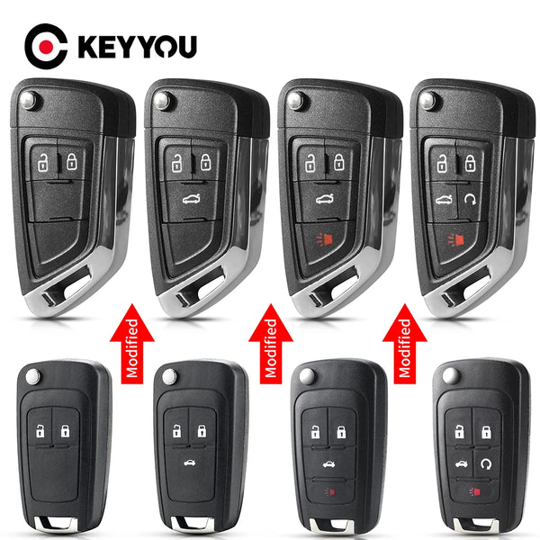 Various replacement flip key shell cases for Chevrolet, Buick, Vauxhall, and Opel models shown in black and silver finishes.