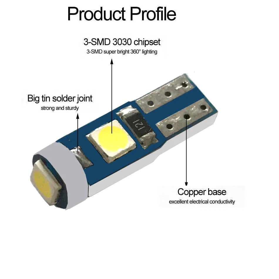 لقطة مقربة لمصباح شريحة 3-SMD 3030 LED يُظهر لحام القصدير الكبير والقاعدة النحاسية.