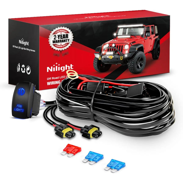 A box featuring a red Jeep and wiring harness components for fog lights, including a coiled black wire and connectors.
