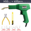Green plastic welding gun with 400 pieces of heat fusion weld studs and various staples for repair
