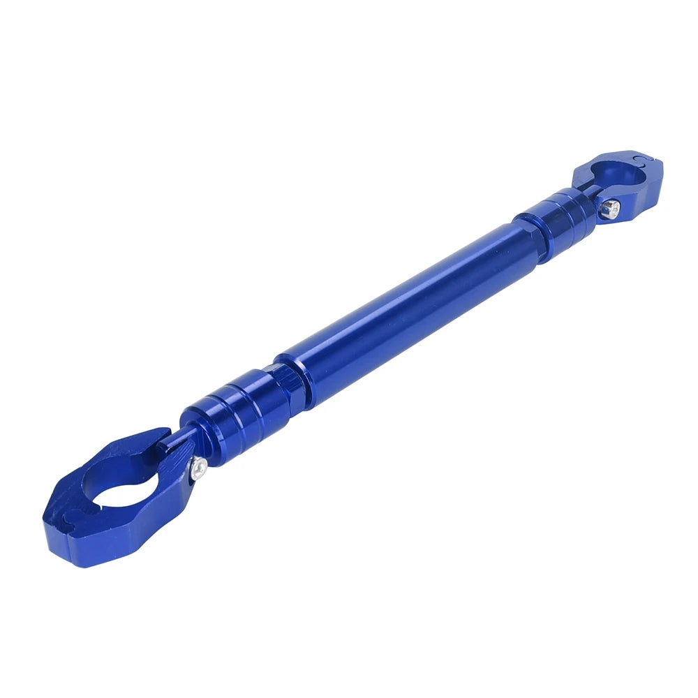 A blue adjustable motorcycle handlebar grip crossbar tool.