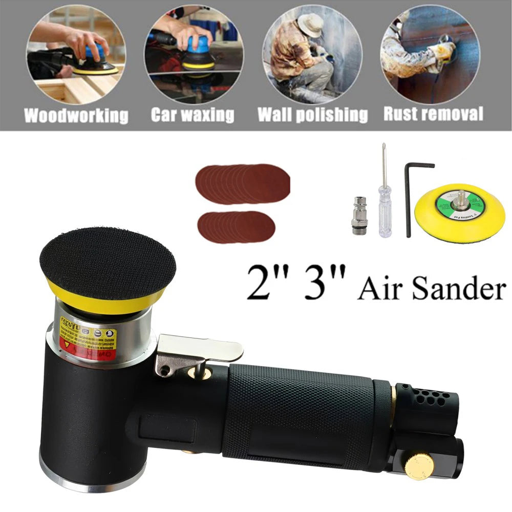 A black mini air sander and polisher kit with various sanding pads and accessories shown next to usage examples.