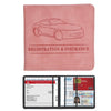 A pink leather card holder wallet with a line drawing of a car and text for registration and insurance.