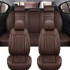 Brown premium PU leather car seat covers shown in the rear seat of a vehicle.