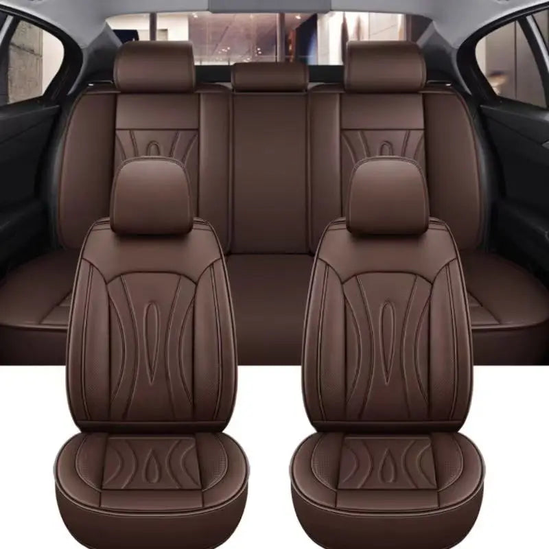 Brown premium PU leather car seat covers shown in the rear seat of a vehicle.