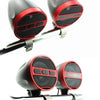 A pair of black and red motorcycle Bluetooth speaker systems mounted on a silver bar.