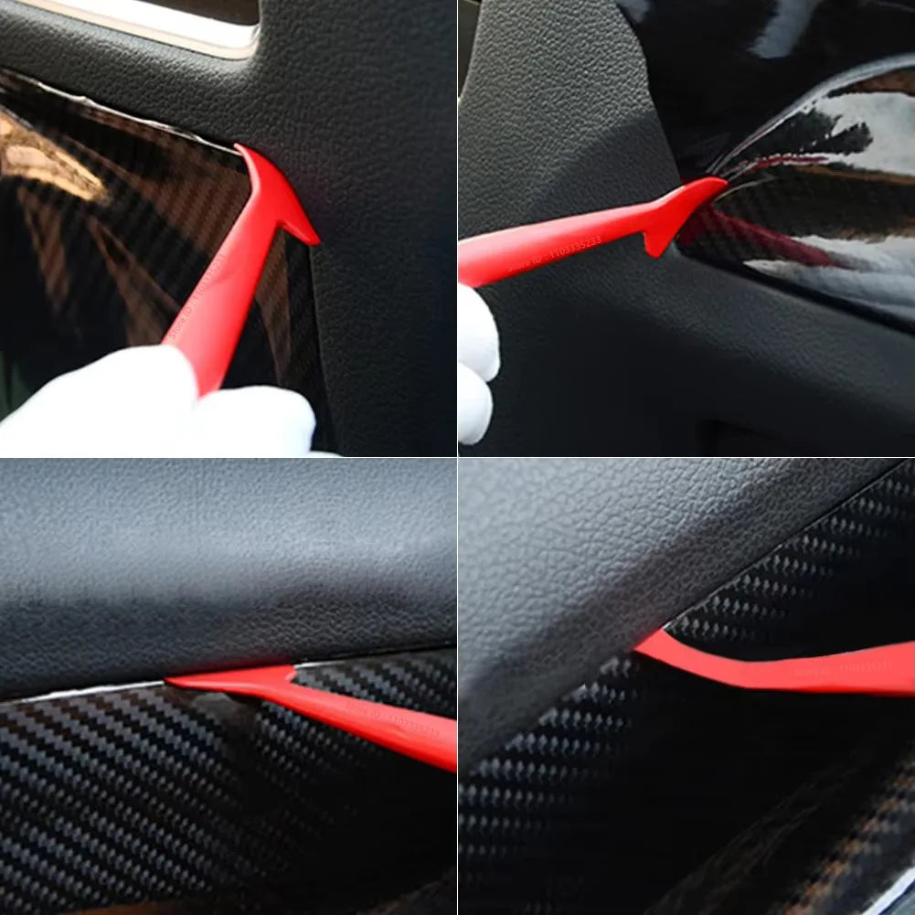 Close-up images showing a red vinyl wrap tool being used to remove a black car vinyl wrap from a car interior.