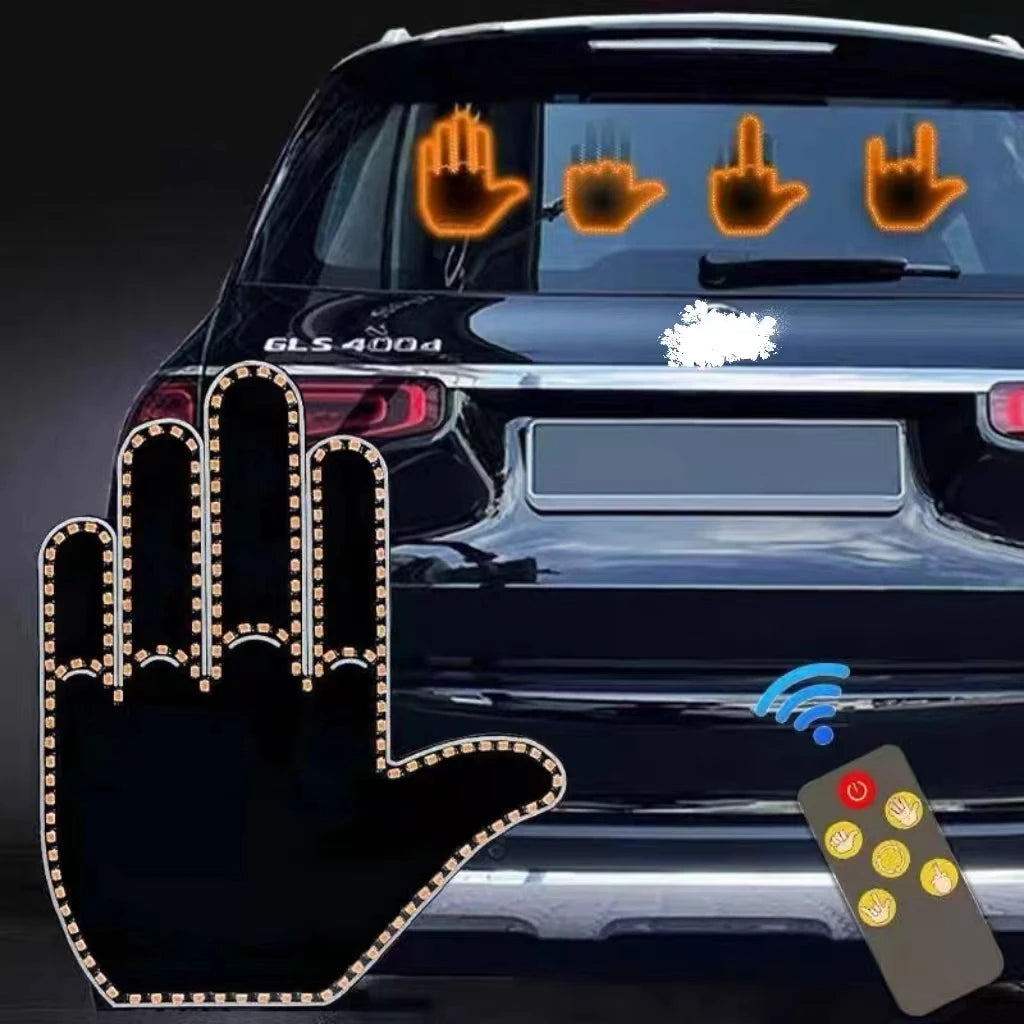 A close-up of a black car with illuminated hand signals and a palm print recognition feature.