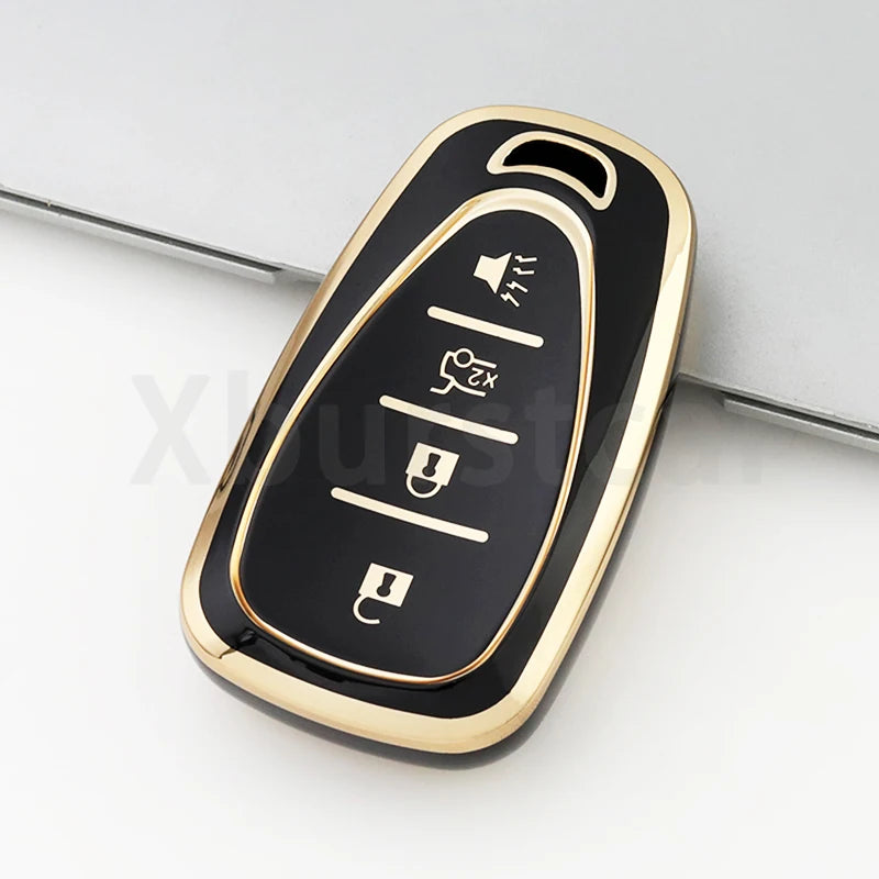 Schwarzer und goldener 4-tasten TPU-Schlüsselhalter für Chevrolet-Fahrzeuge.