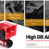 A red high dB air horn is shown next to images illustrating its use in various driving situations.