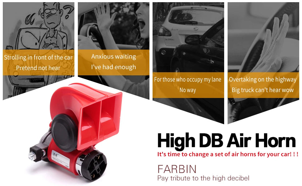 A red high dB air horn is shown next to images illustrating its use in various driving situations.