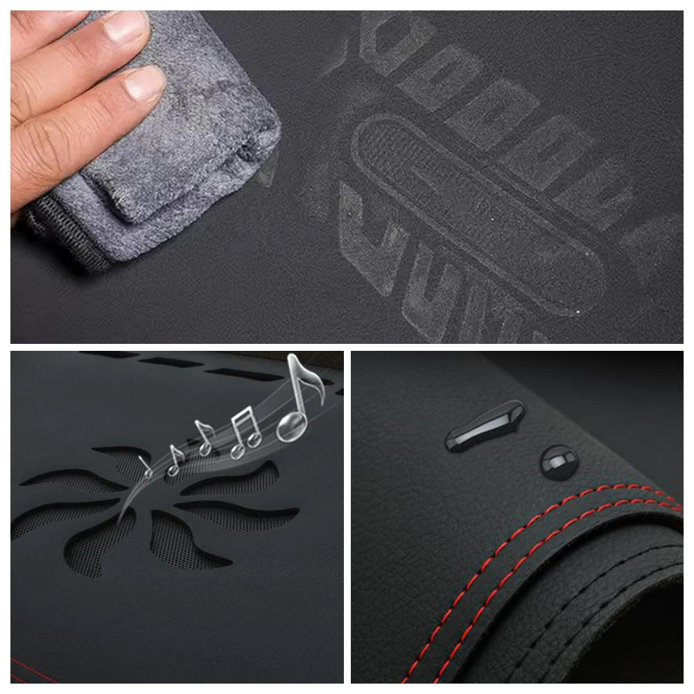 Gros plan d'un tapis protecteur de pare-soleil en tissu gris tenu sur le tableau de bord d'une voiture noire.
