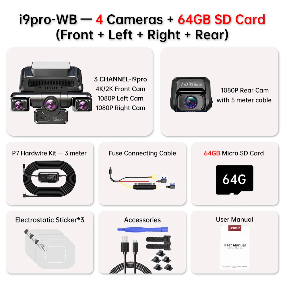 A set of i9pro-WB dash cameras, including front, left, right, and rear cameras, along with accessories and a user manual.