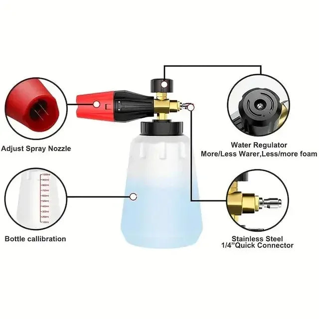 Diagram showing components of a heavy duty snow foam cannon including the spray nozzle, water regulator, and bottle calibrati