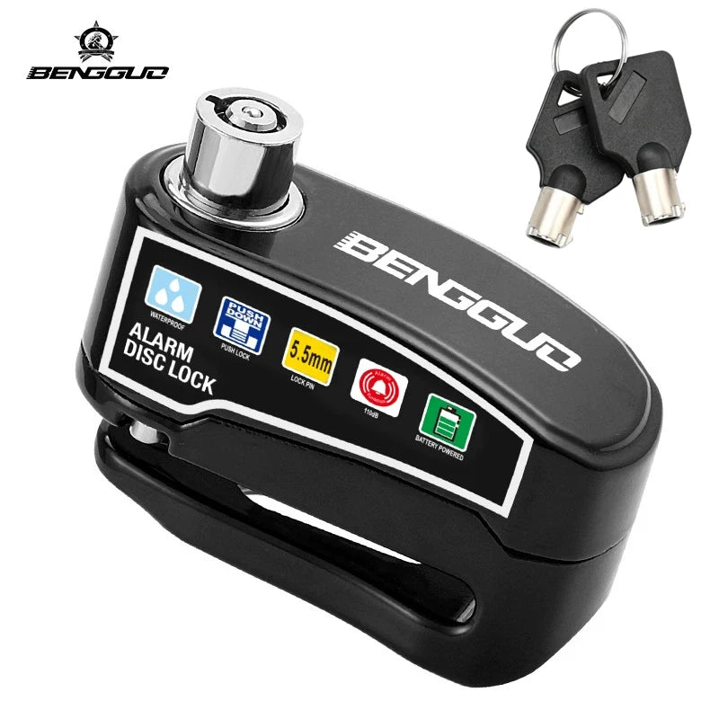Dispositivo de alarma de freno de disco universal negro con llave y mecanismo de bloqueo de disco.