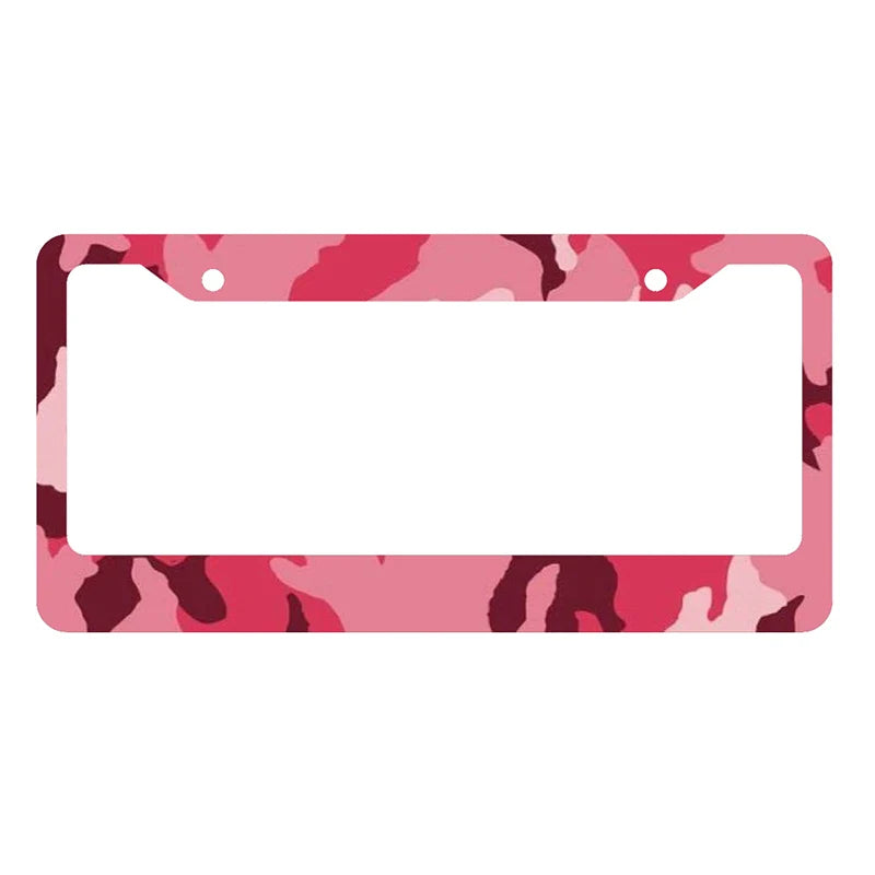 A license plate cover with a camouflage pattern featuring pink and red hues.