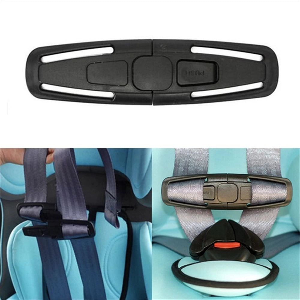A black car seat belt clip is shown with a gray harness strap and a light blue car seat in the background.