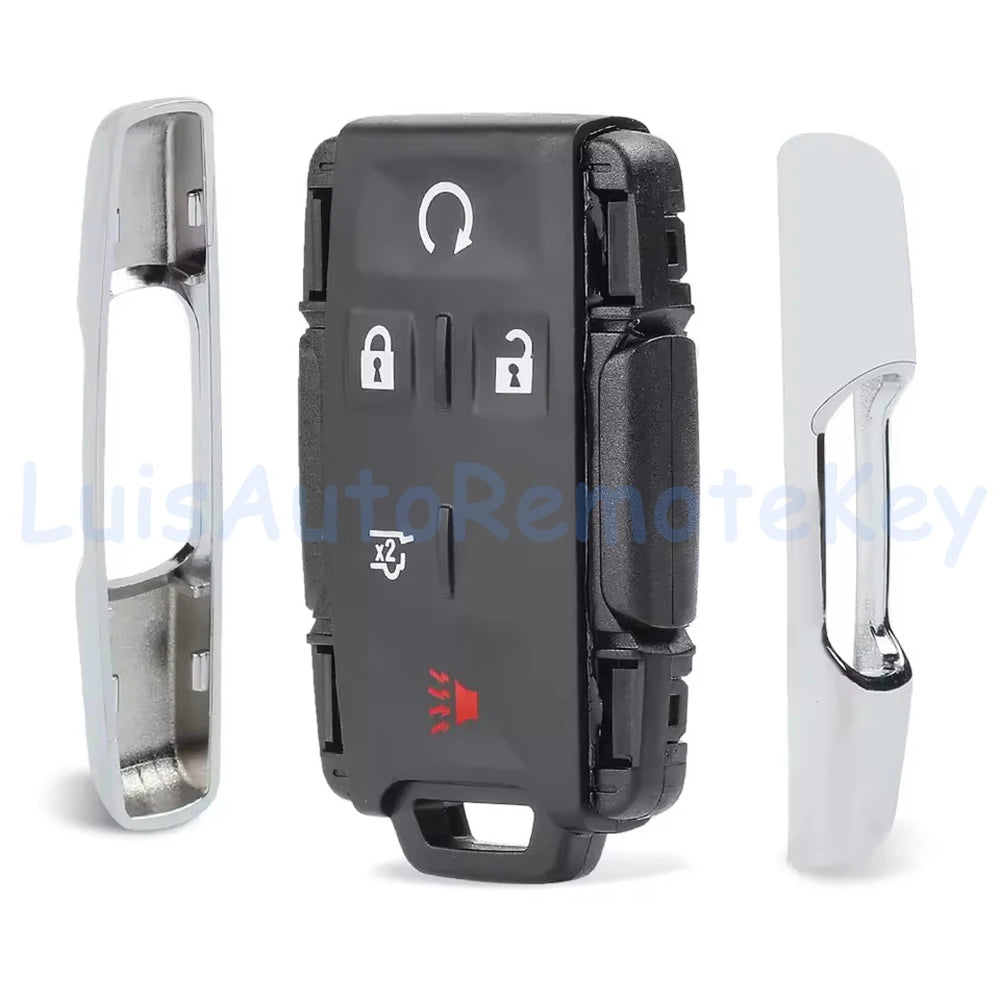 A black multi-button remote key fob for trucks shown next to its transparent housing.