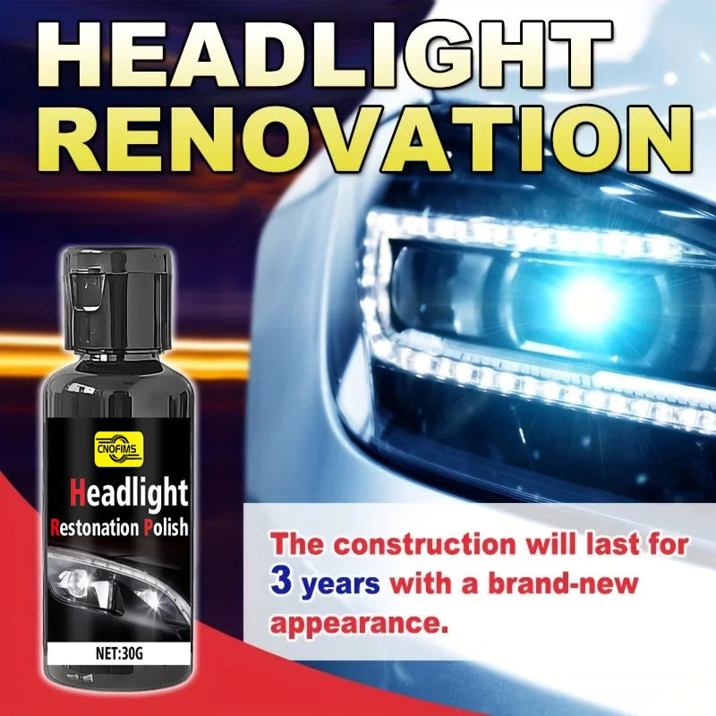 A bottle of Headlight Restoration Polish next to a car headlight assembly.