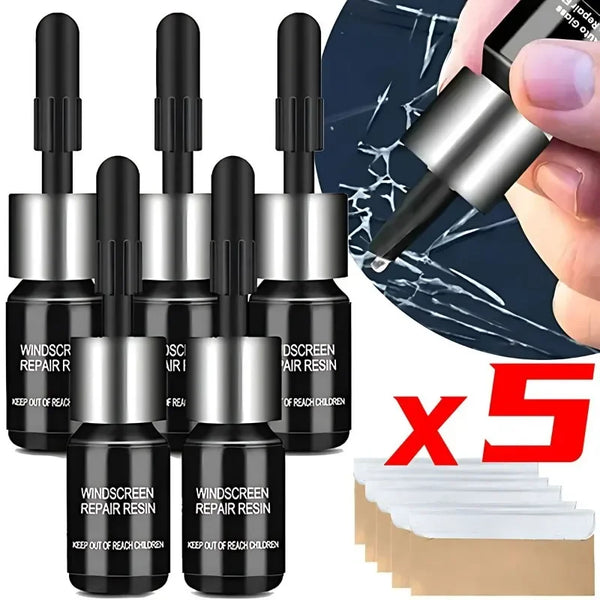 Five black plastic bottles of windshield and window repair resin with a silver applicator shown next to a dark surface