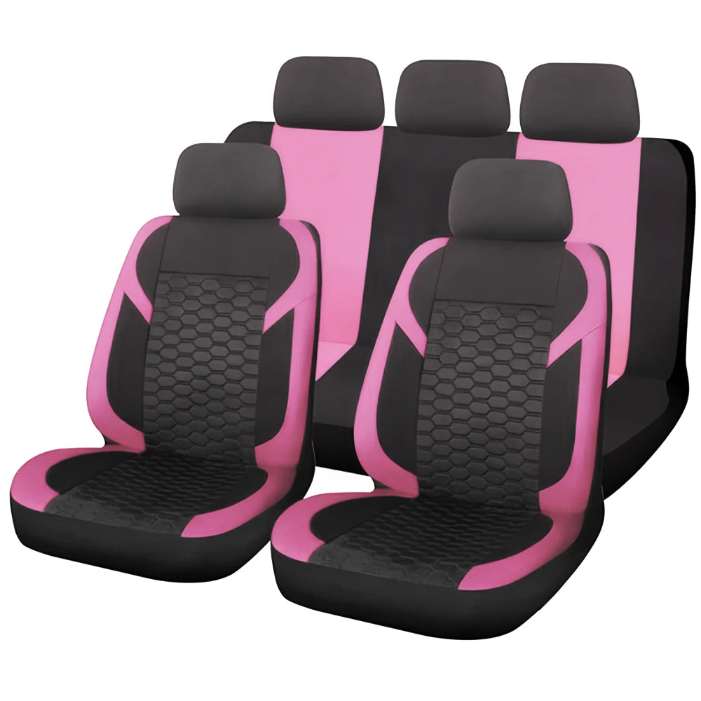 Ein Set pinker und schwarzer universeller Autositzeinlagen mit Honigwabenstickerei.