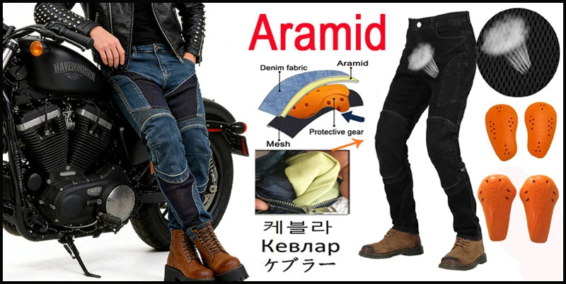 A pair of dark denim jeans and a motorcycle engine are shown next to various Aramid protective gear products.