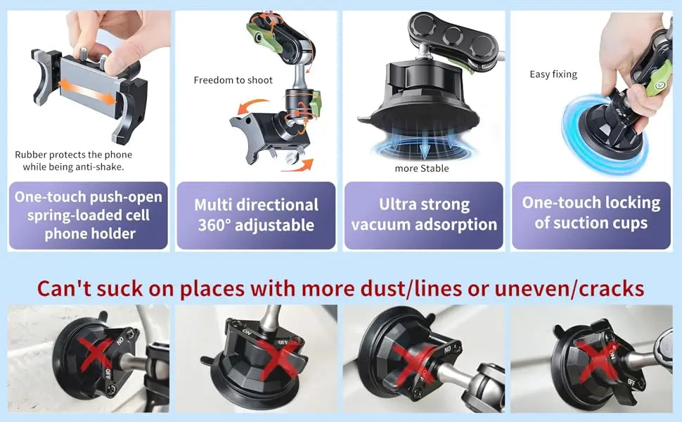 A multi-directional 360 degree suction cup phone holder is shown in various usage contexts.
