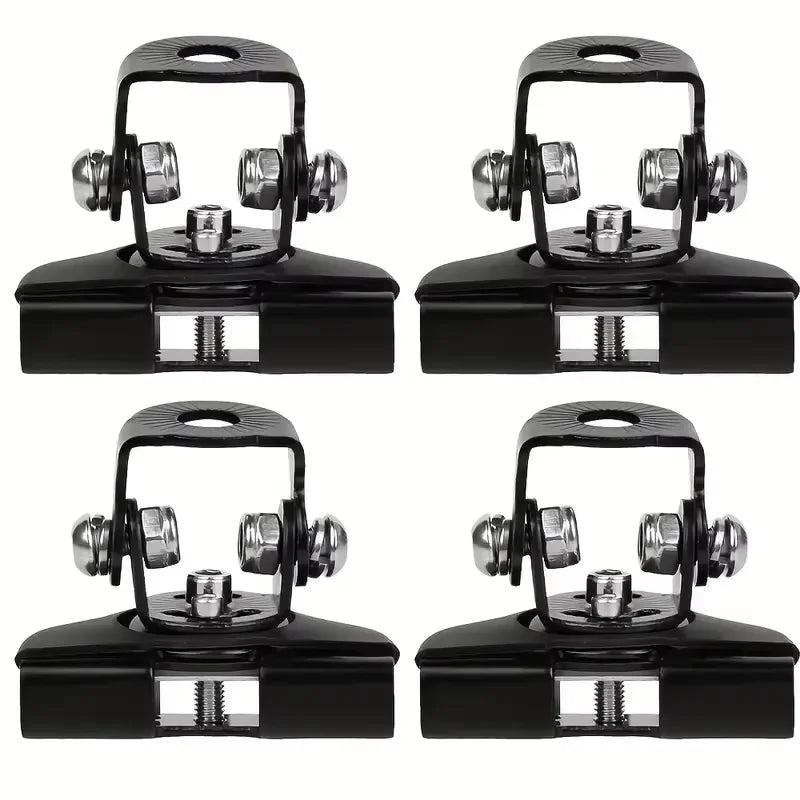 Un par de clips de acero inoxidable negro diseñados para montar luces LED en el capó de un coche.