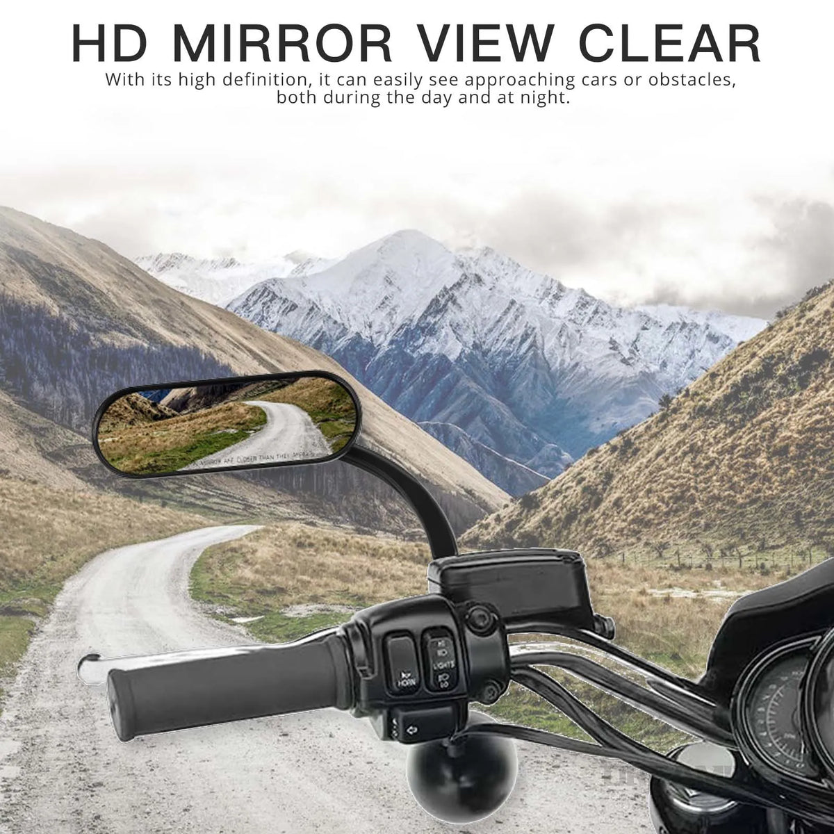 Vue miroir HD montrant une route de montagne sinueuse vue depuis une moto